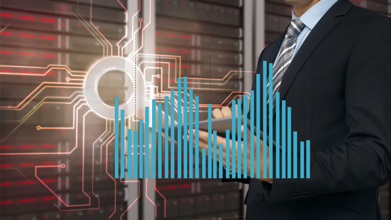 animación de gráficos sobre la sección media de un hombre de negocios caucásico usando una tableta