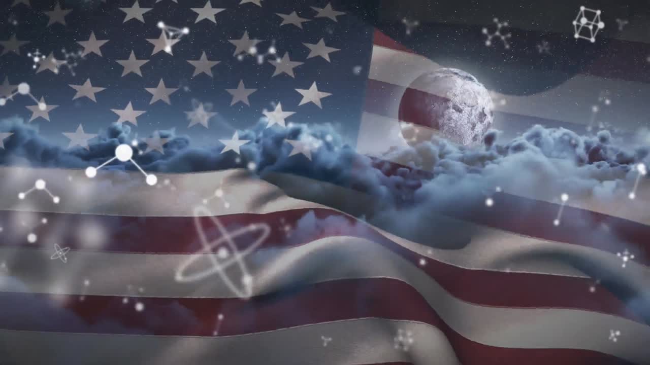 미국  ⁇ 발과 구름진 하늘 위에서 움직이는 분자의 애니메이션