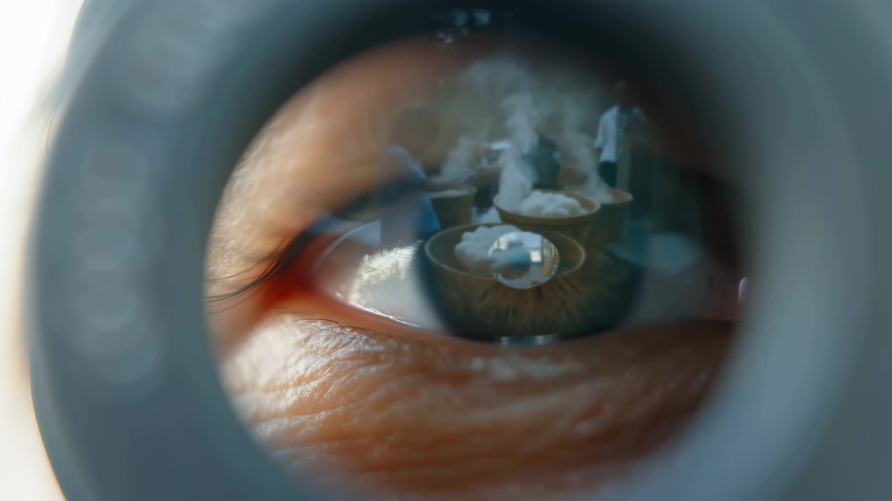 Primer plano extremo de un ojo humano que refleja la preparación de alimentos en interiores con vaporeras redondas de bambú, bollos blancos esponjosos, vapor ascendente y una mano cercana en un ambiente cálido de cocina de mercado, con el ojo, el iris y la pupila.