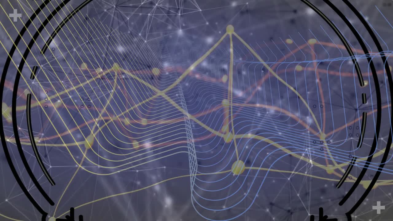 Abstract wave-like network pattern flowing over flat grid, showing color gridlines connecting nodes