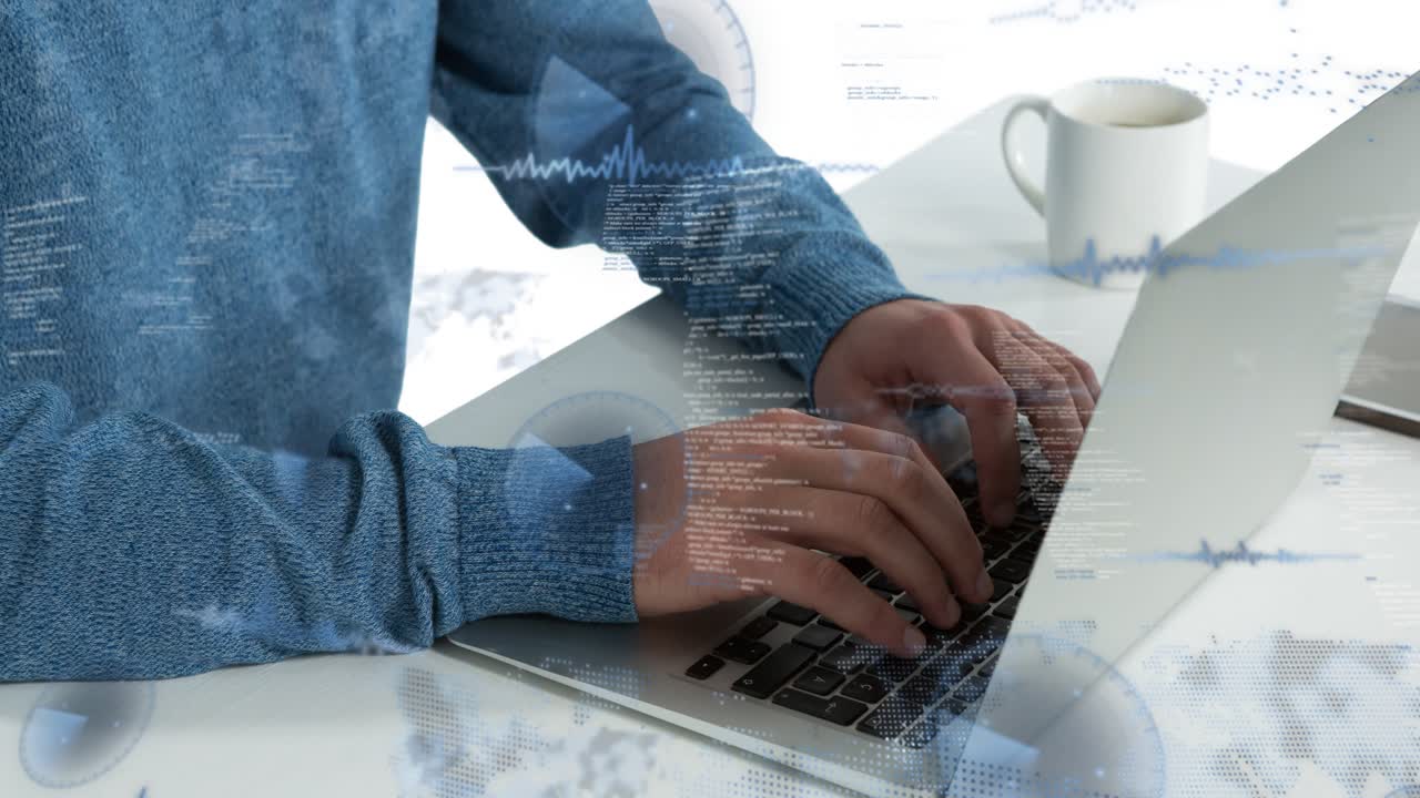 Man typing on laptop initiating drifting blue spheres and waveforms illustrating global data flow