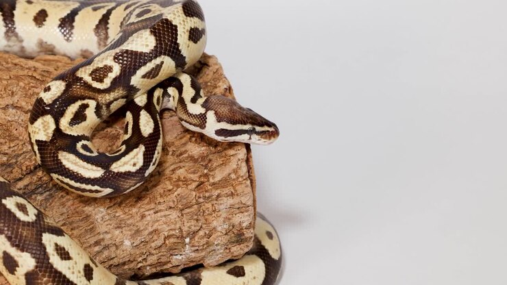 Gepatroneerde balpython kronkelt en beweegt op een houten blok onder zachte studiolampen, statische camera