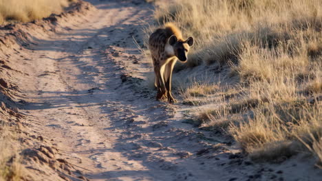spotted hyena on a dusty track in the african savanna