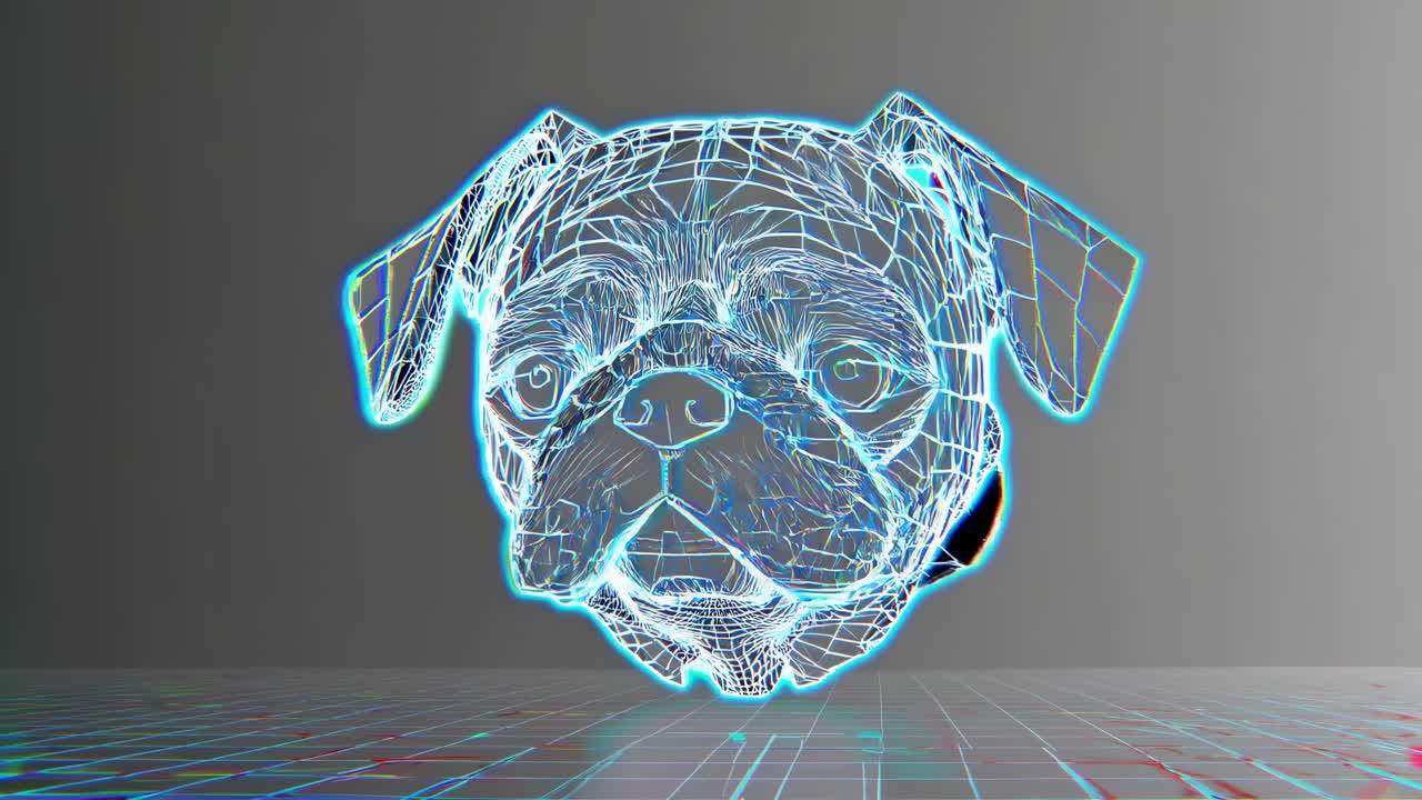 A digital wireframe of a dog's head with neon blue highlights, viewed from a front angle
