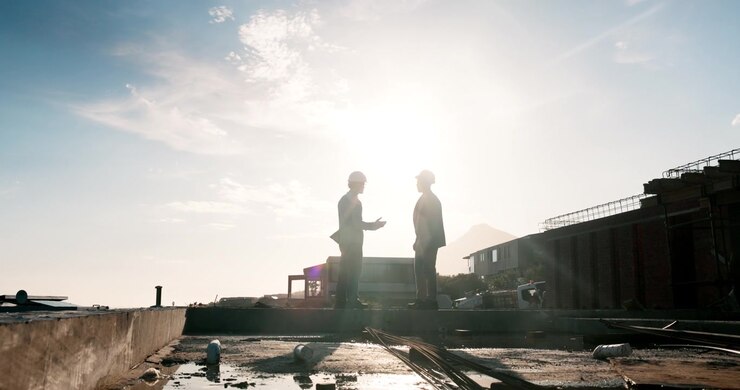 Due professionisti si stringono la mano in un cantiere edile