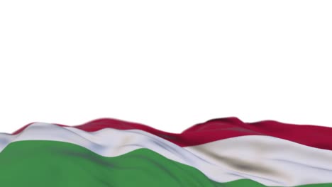 hungary fabric flag waving on the wind loop. hungary embroidery stitched cloth banner swaying on the breeze. half-filled white background. place for text. 20 seconds loop.