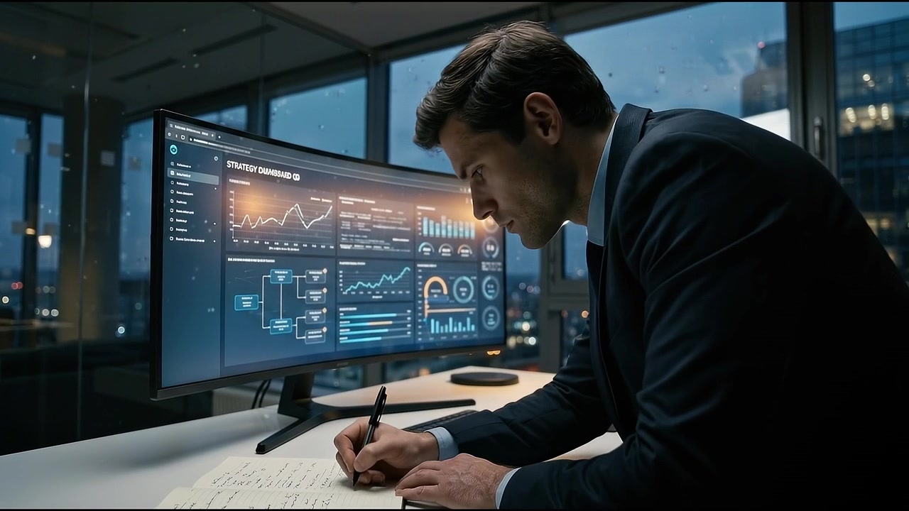 Businessman Analyzing Data on Computer Screen in Modern Office at Night