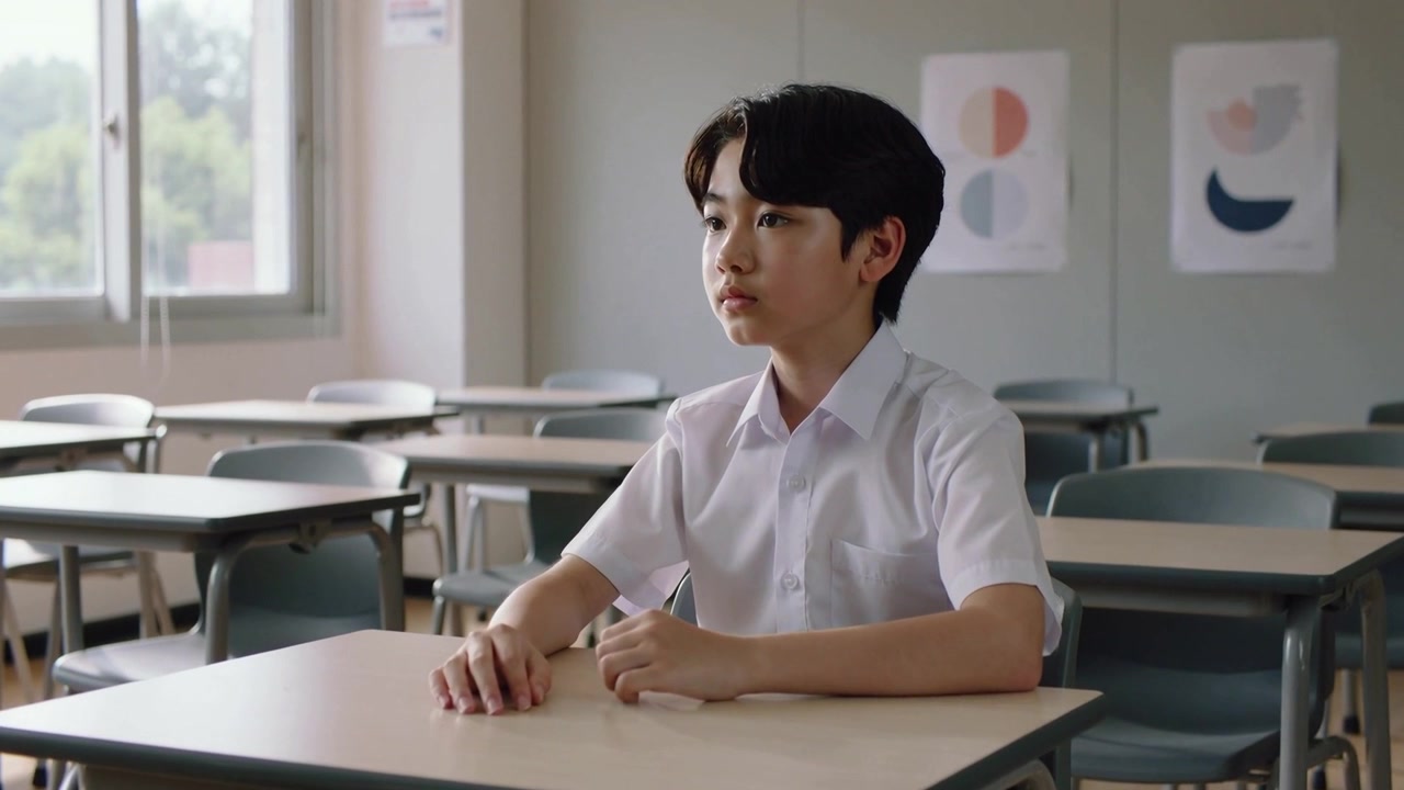 制服を着た学生が、左からの入室にちらっと反応し、自然光が差し込む最前列の机に視線を移している。