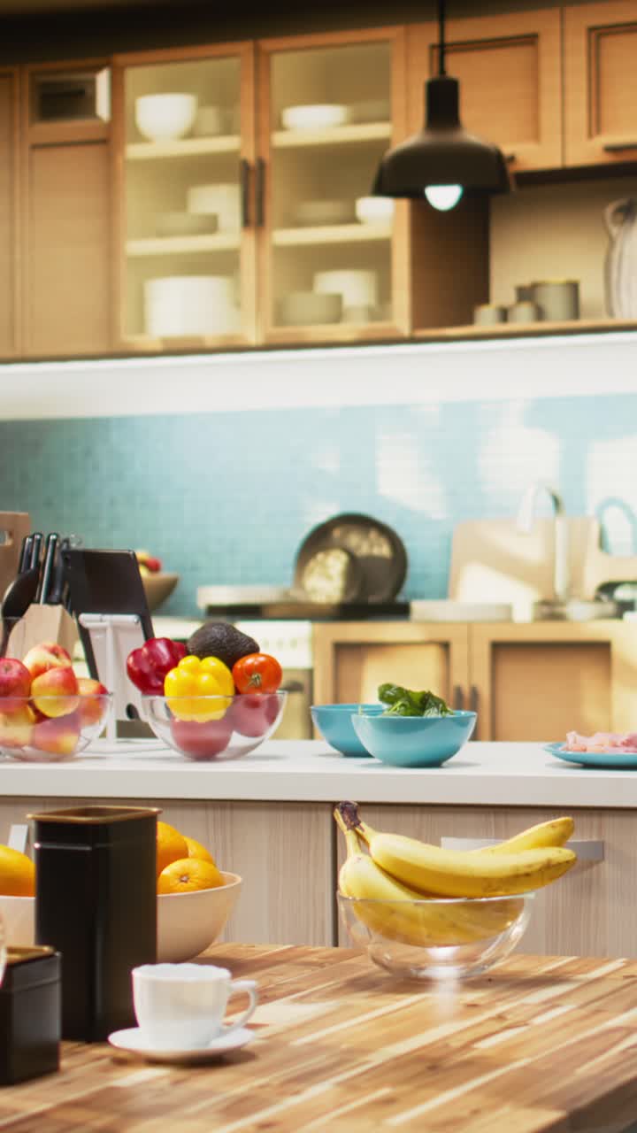 Vertical Video Empty kitchen with wooden dining furniture and modern appliances