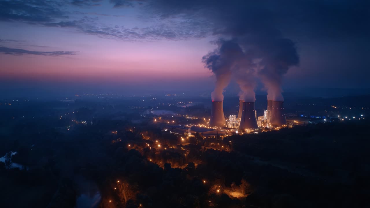Vista aérea de una central eléctrica industrial al atardecer con torres de refrigeración que emiten humo hacia el cielo crepuscular y luces de la ciudad parpadeando abajo