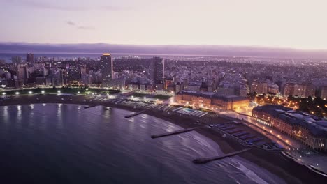 aerial panoramic of mar del plata waterfront beaches twilight, argentina