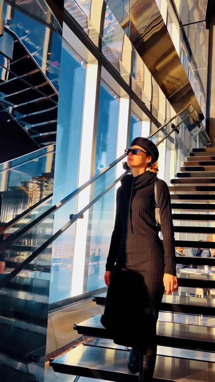 Kvinde går ned ad glastrapper med udsigt over Manhattan. Kvinde i sort kjole og solbriller går ned ad glastrapper, Manhattans skyline synlig gennem vinduerne