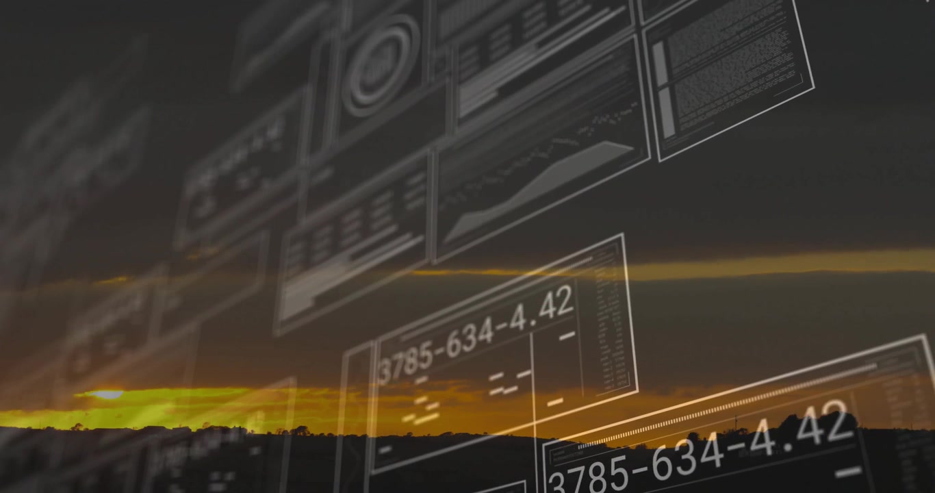 Sliding wireframe panels entering from right visualizing numeric codes and graphs over sunset hills