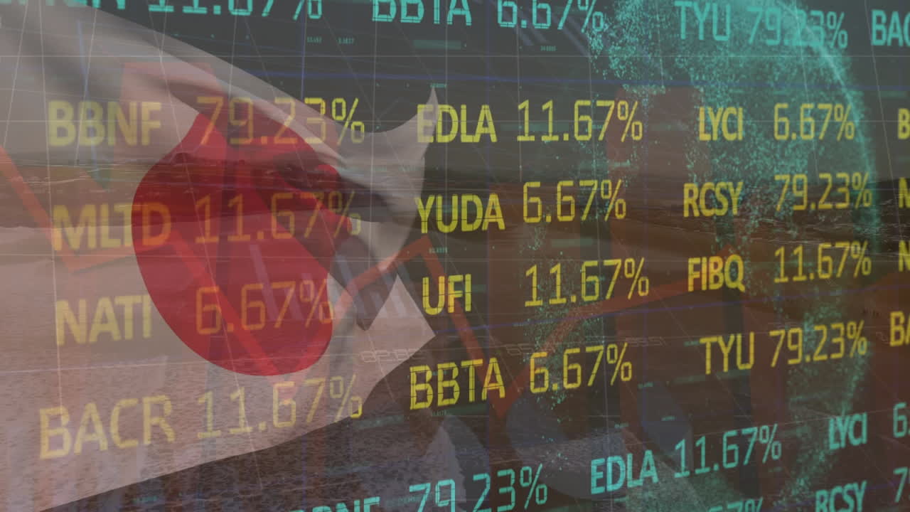 일본의  ⁇ 발과 디지털 글로브 위에 흔들리는 다채로운 무역 보드의 애니메이션