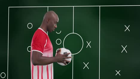 animation of stadium plan over african american male soccer player