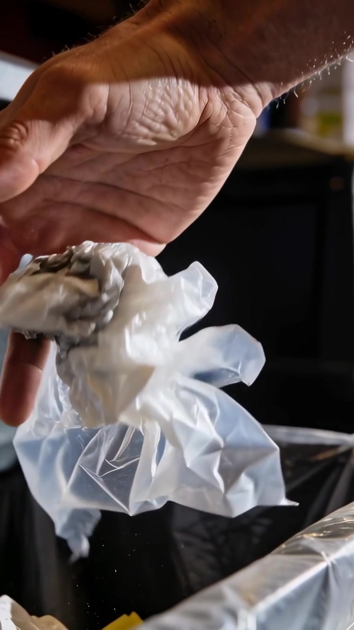 Video verticale: Entra un braccio nudo, mano destra che getta pellicola di plastica e carta nell'anello di un bidone della cucina