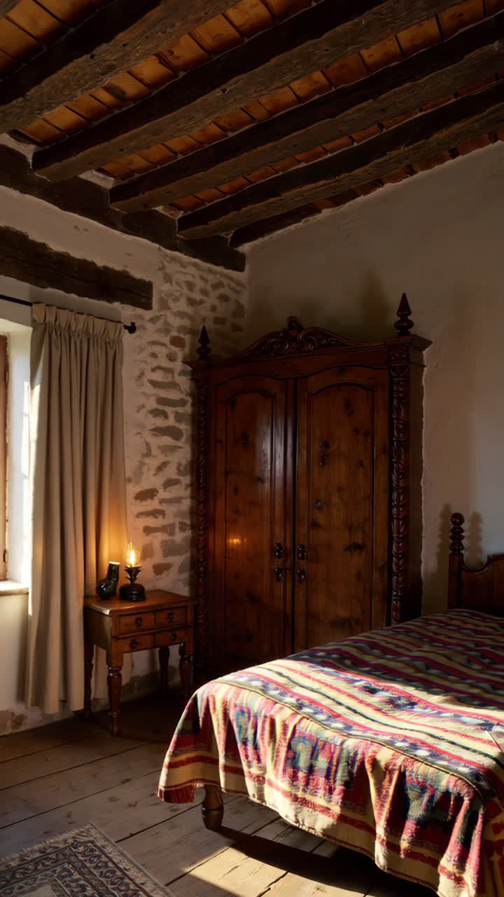 Rustic bedroom interior with antique wooden furniture and beamed ceiling