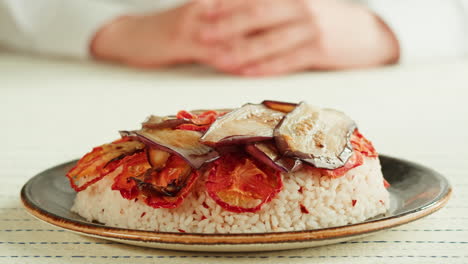 roasted eggplant and tomato rice dish