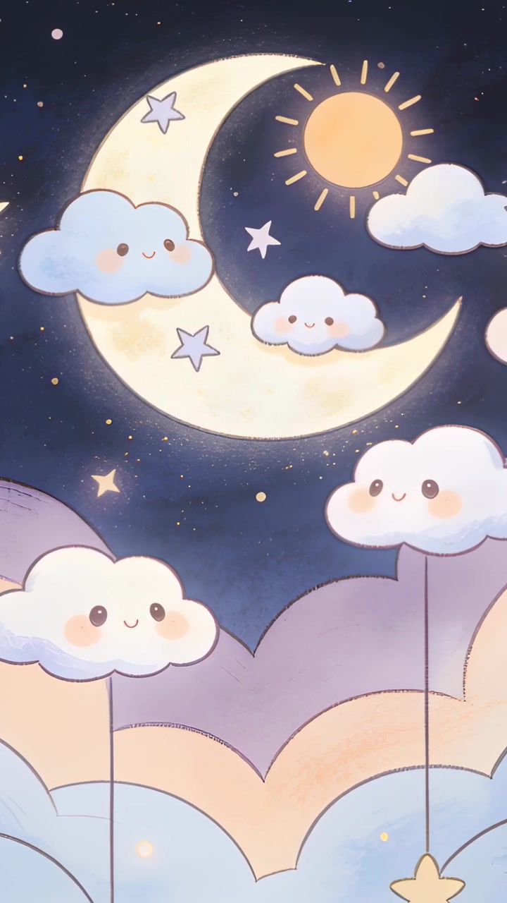 Vertical video: Bobbing crescent moon with smiling cloud showing dangling star on loop in nursery