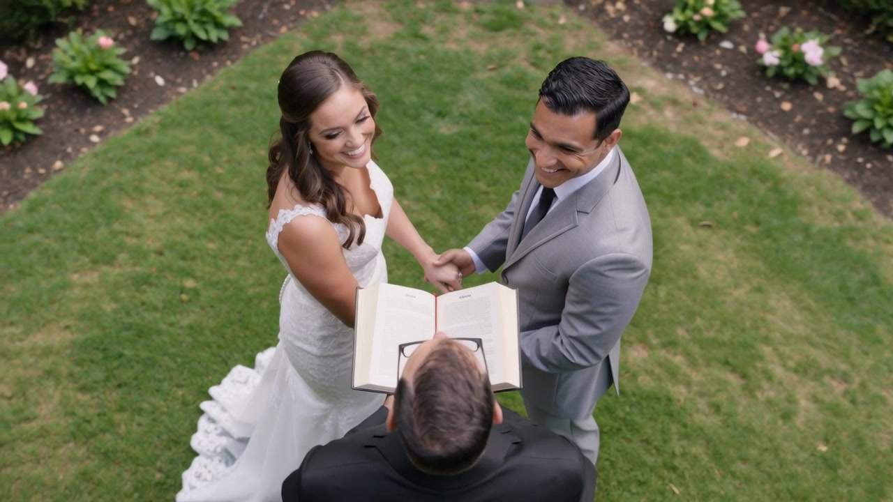 Reading officiant holding open book, bride in gown groom in suit vowing and smiling in garden