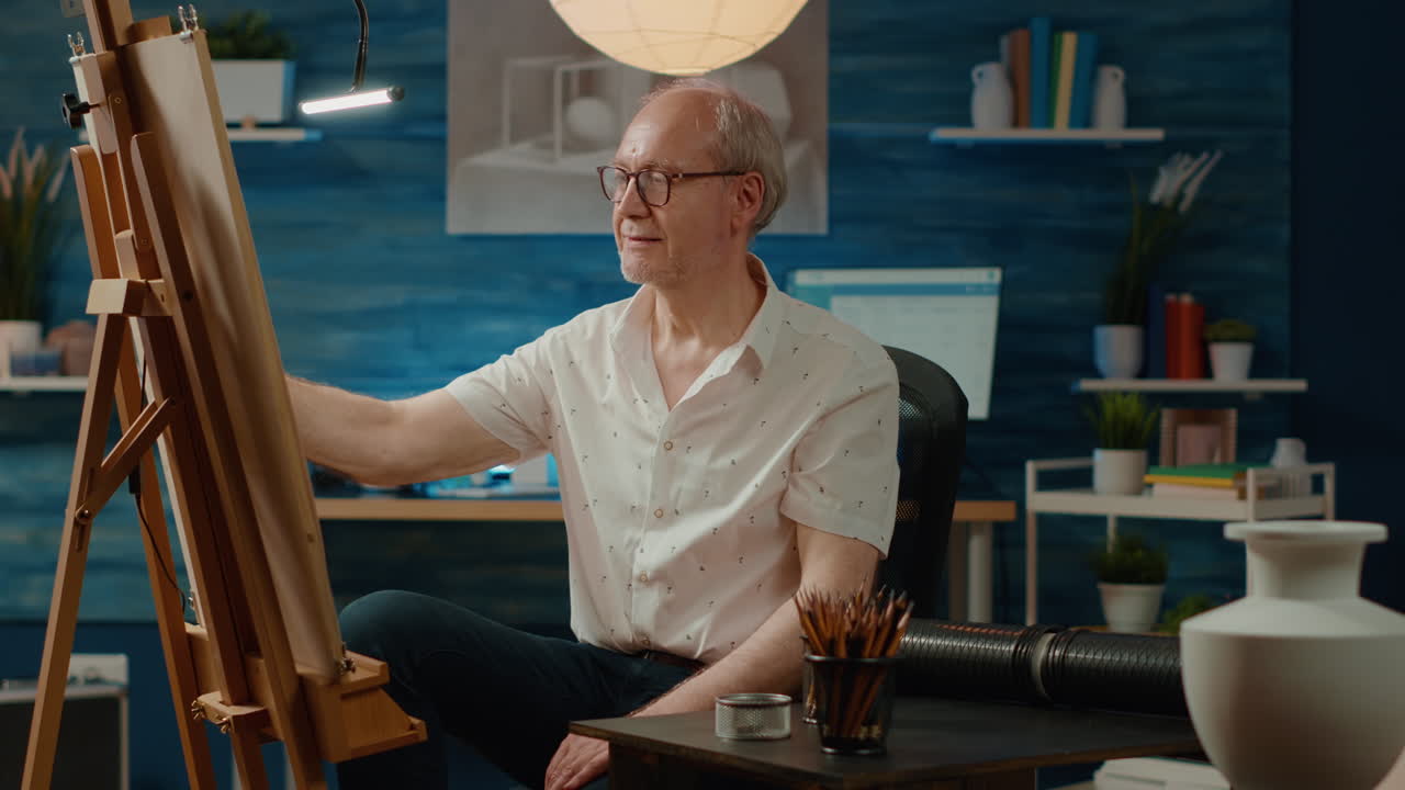 Senior man drawing vase model on canvas with artistic tools