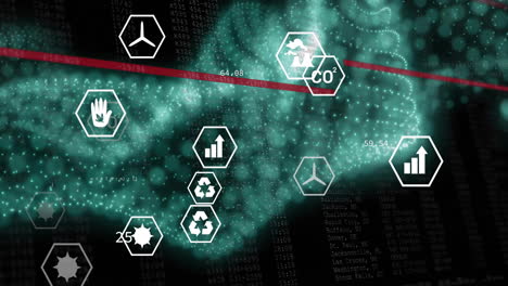 Animación-De-Procesamiento-De-Datos-Digitales-E-íconos-Ecológicos-Sobre-Malla-Brillante