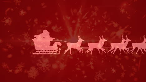 animation of santa claus in sleigh with reindeer and snow falling over background with red filter