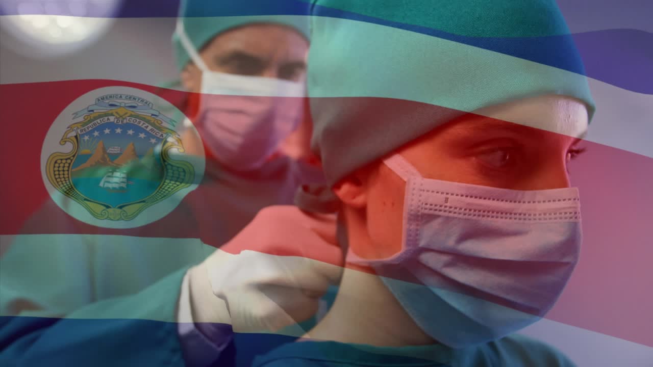 Spain's flag waves in a digital healthcare-themed animation