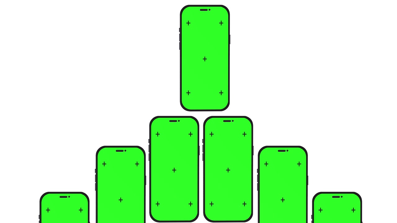Stacked mobile chroma display visual with several blank green screens tracking crosses and clean