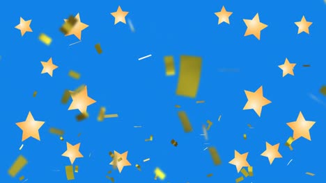 Animation-Von-Goldenem-Konfetti-Und-Sternen,-Die-Auf-Blauen-Hintergrund-Fallen
