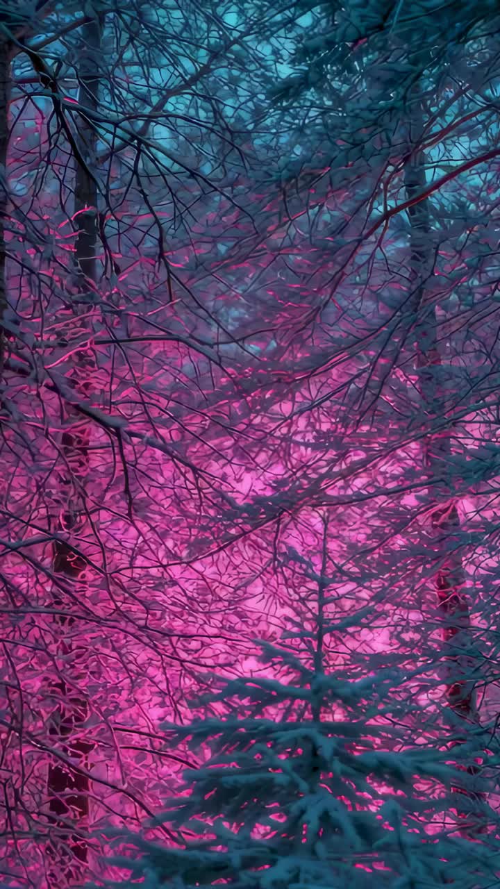 Vertical video: Panning camera moving forward, revealing snowy branches and small fir in pink light