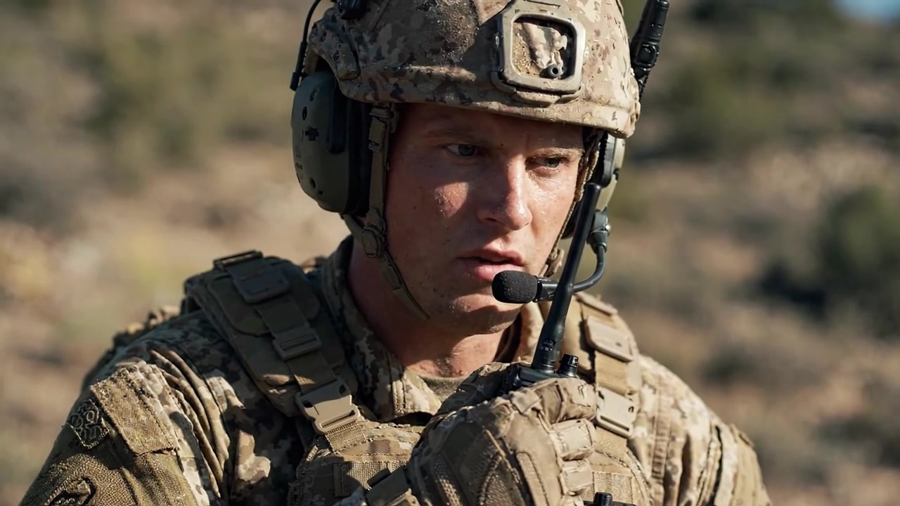 Personale militare concentrato in equipaggiamento tattico analizza l'ambiente circostante in un ambiente desertico, mostrando intensa concentrazione e moderne apparecchiature di comunicazione.