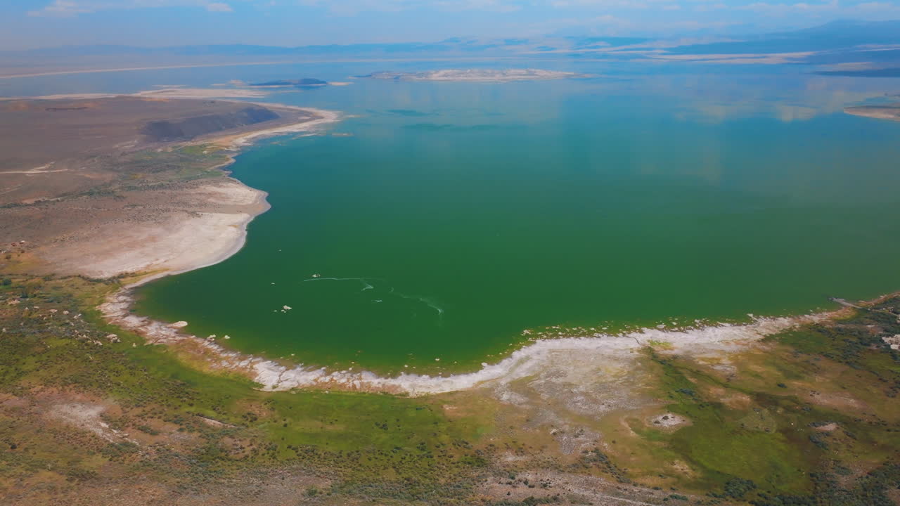 Magnificent scenery of a lake, blue in the middle and green at the waterfront. Amazing saline soda lake in Mono County, California, USA.
