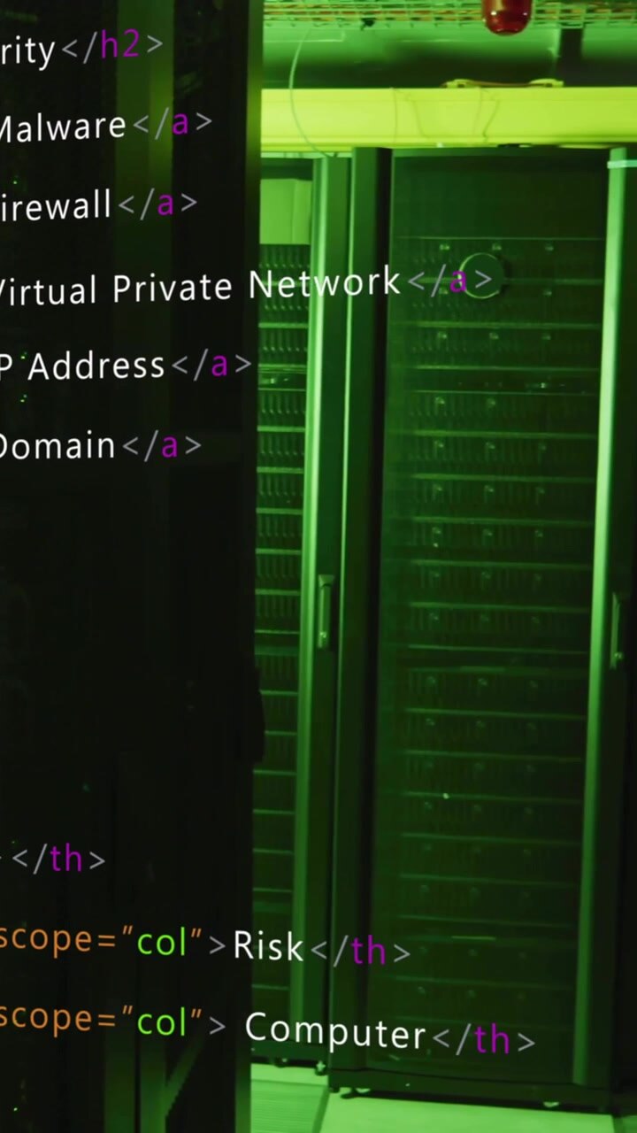 HTML code animation over green-lit server room