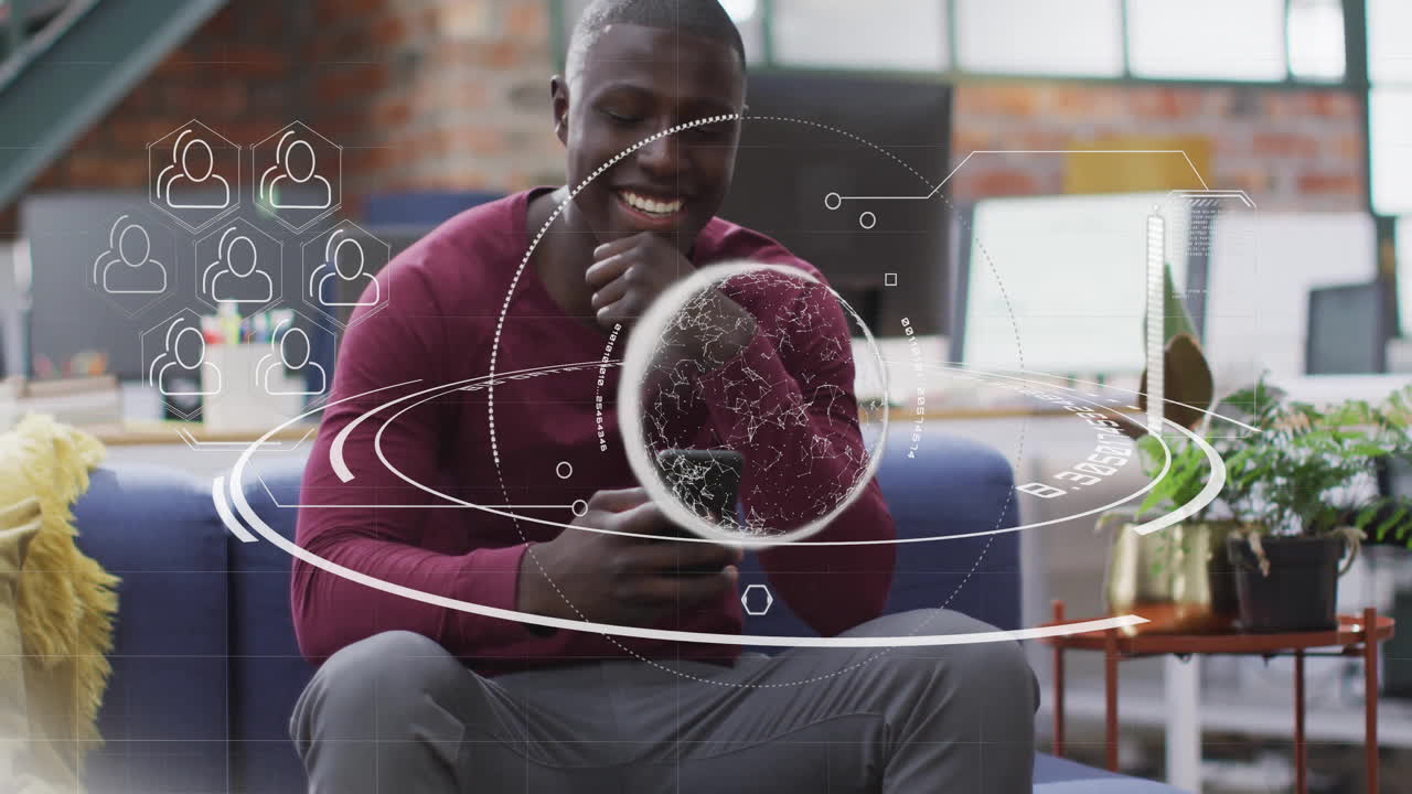 Using smartphone, man with animation of digital globe and network connections