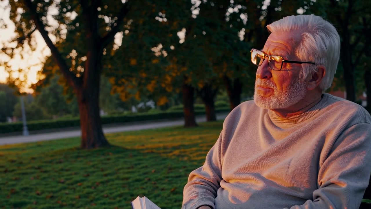 Hombre mayor relajándose en un banco del parque al atardecer