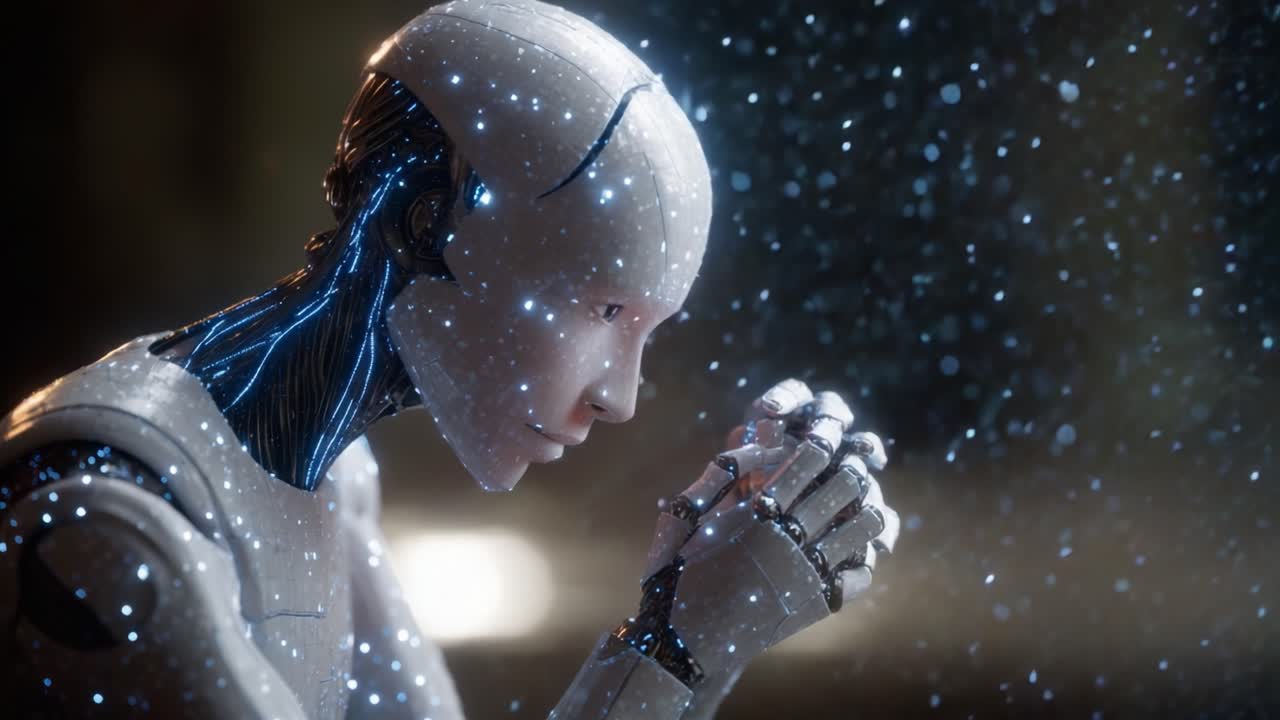 Un androide pensieroso contempla sotto la pioggia, incarnando l'emozione attraverso schemi di luce dinamici e tecnologia avanzata in un'ambientazione futuristica