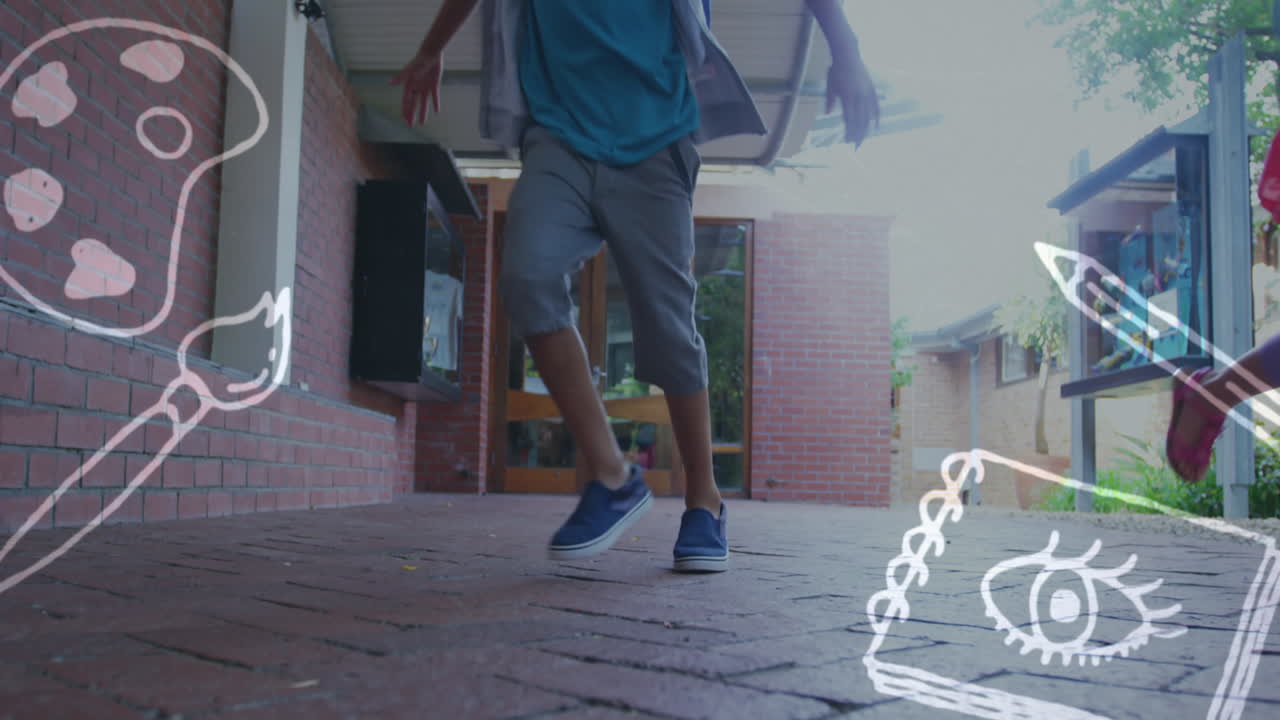 Painting concept icons against group of students running in school