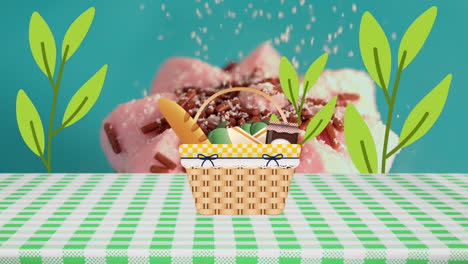 animación de hojas que aparecen sobre la canasta con comida y cupcake