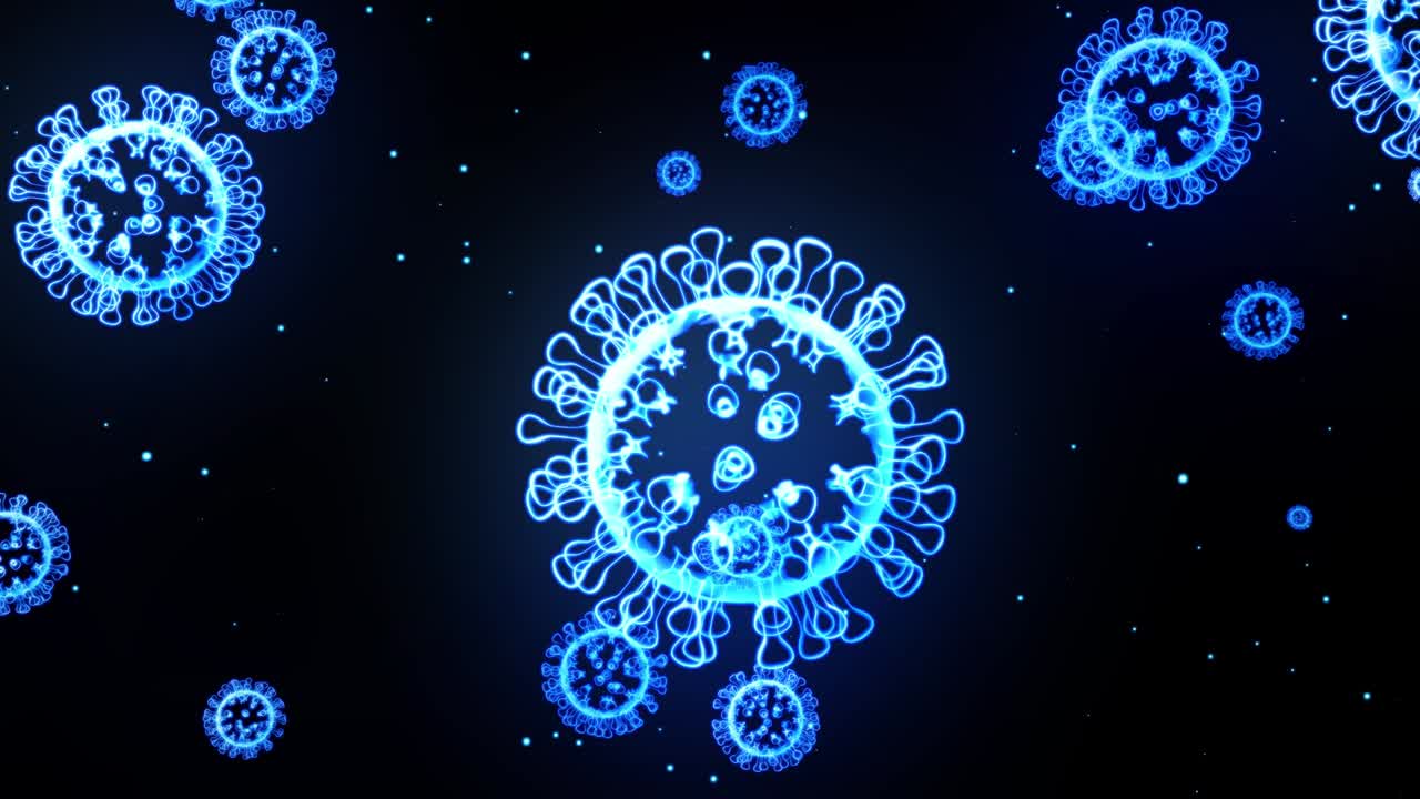 blue glowing holographic image of coronavirus like covid-19 virus or influenza virus flies in air or float smoothly on black background. 3D animation in 4k looped. For informational presentation.