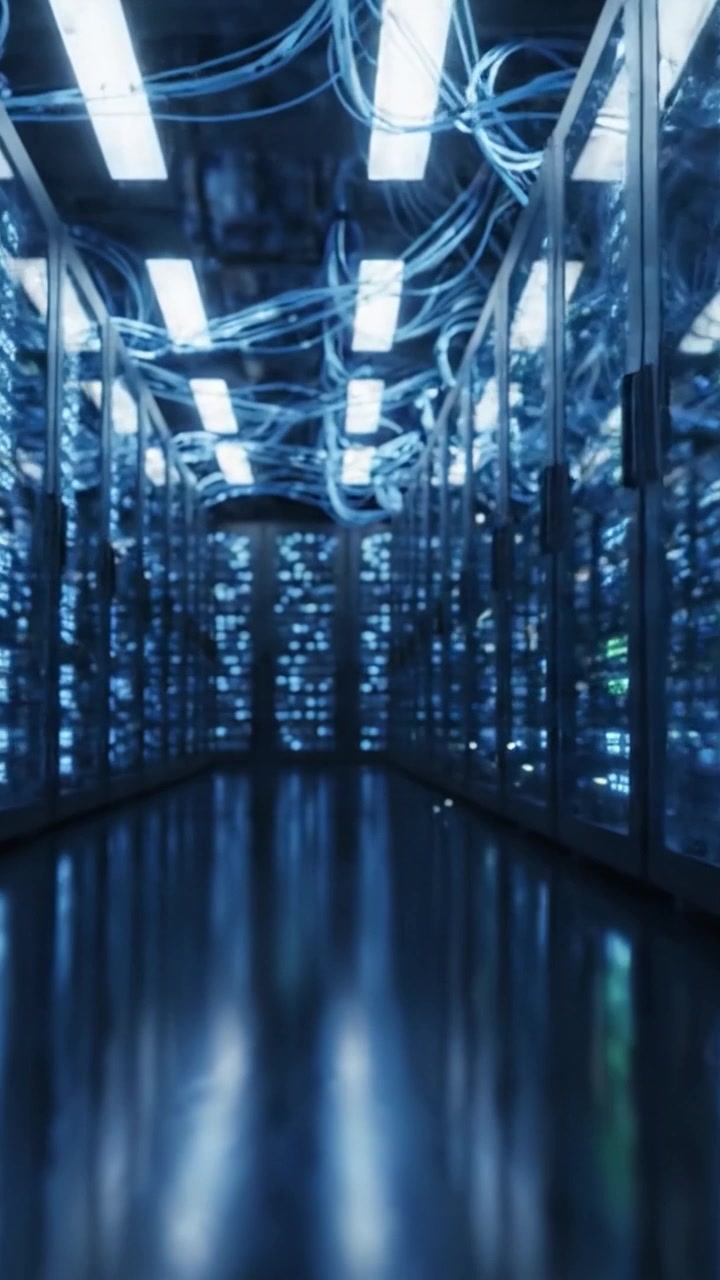 A Glimpse Inside a State-of-the-Art Data Center: Exploring the Row of Servers with Illuminated Racks and Intricate Cabling for Modern Computing Solutions