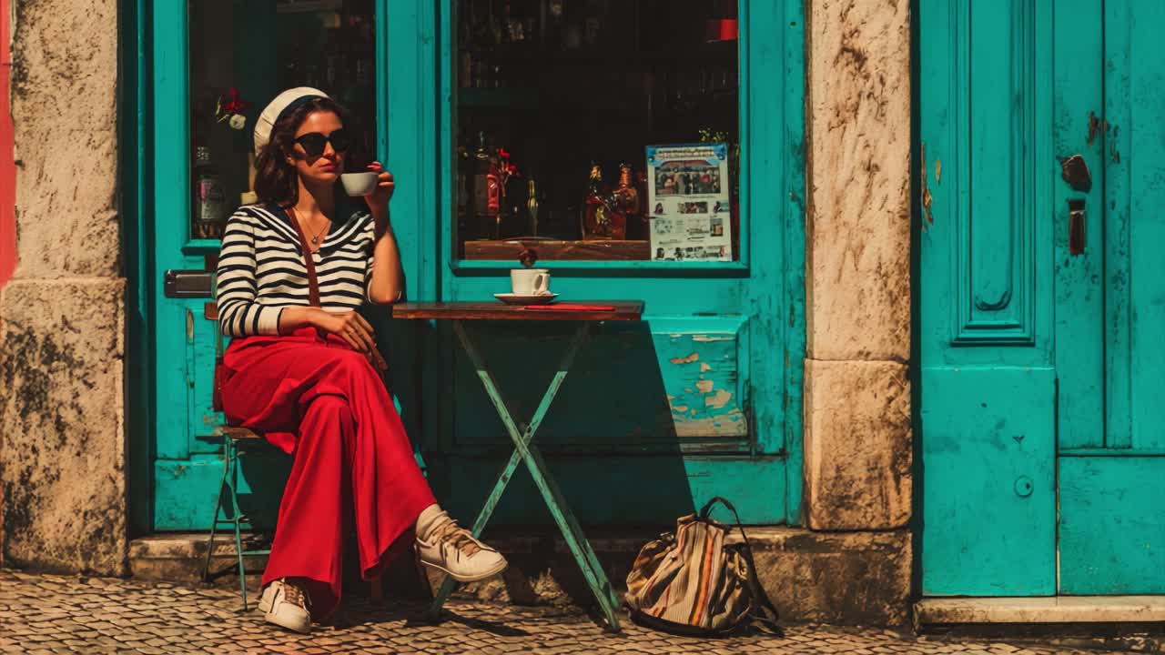A Young Woman in a Stylish Outfit Sipping Coffee at a Vibrant Café with Turquoise Walls and Natural Lighting, Capturing a Serene Moment in a Cozy Urban Environment
