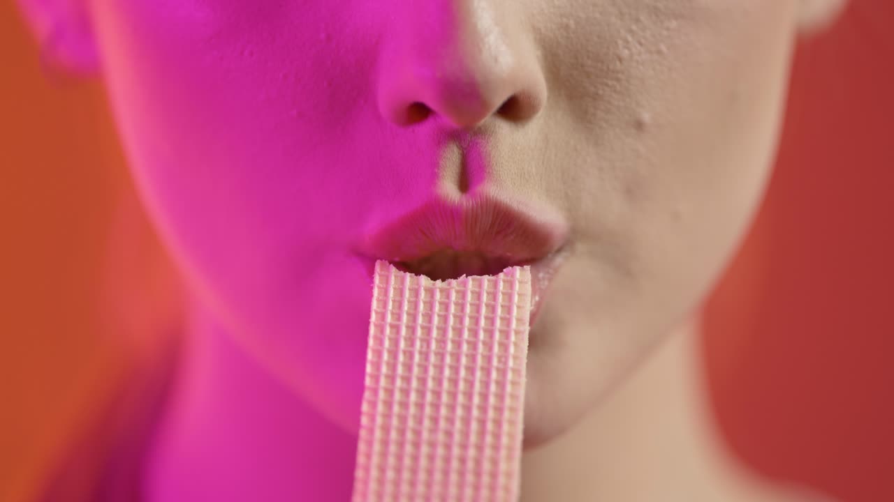 comiendo obleas, mujer atractiva boca de cerca