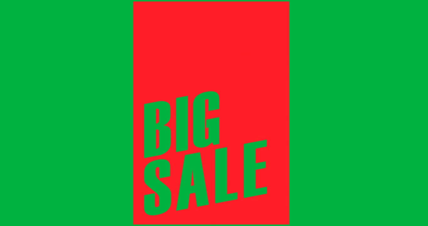 Digital animation of big sale text over red banner against black background