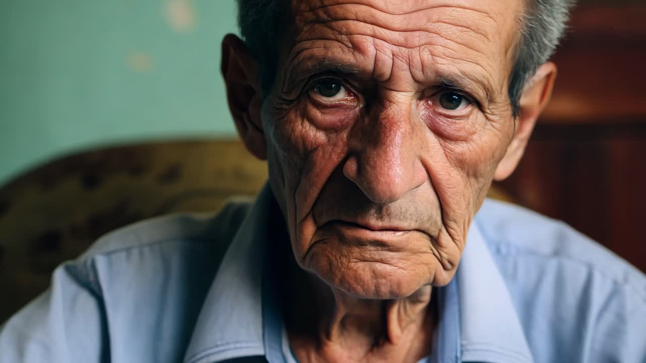 Senior man sitting contemplatively in chair, facial close up progressively zooming toward pensive expression revealing depth of experience and wisdom