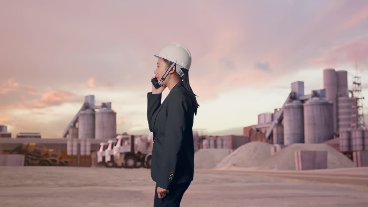 Vista lateral de empresaria asiática hablando por smartphone mientras camina en una planta industrial de cemento al atardecer.