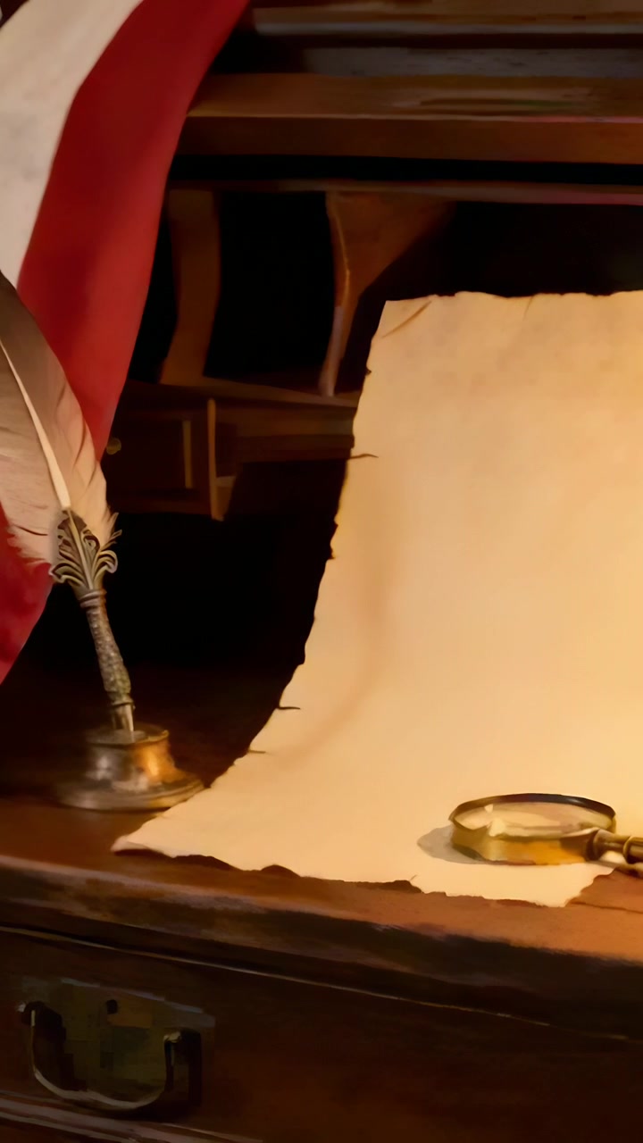 Vertical video: Shifting camera showing aged parchment on period desk, torn edge, quill, lens