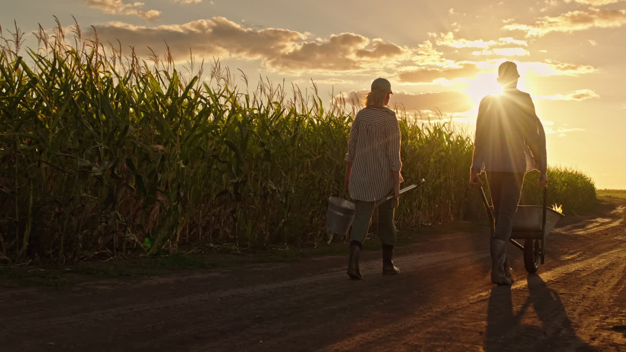 해가 지는 동안 옥수수  에서 일 하는 농부 들