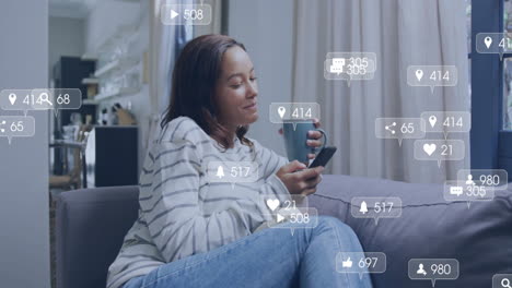 relaxing on couch with smartphone and coffee, woman receiving social media notifications animation