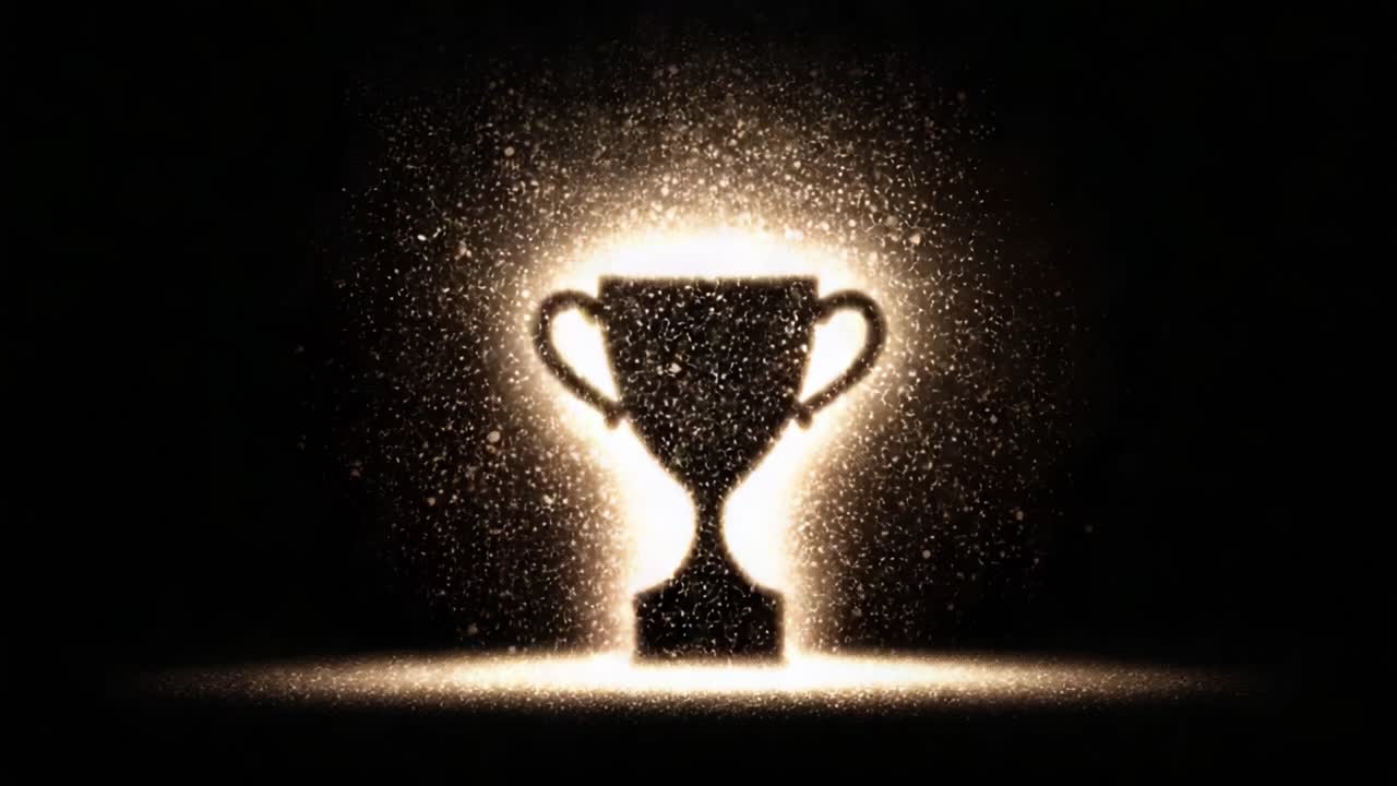 A Glimmering Trophy Emerges from a Shower of Sparks, Symbolizing Achievement and Victory in a Dramatic Display of Light and Shadow